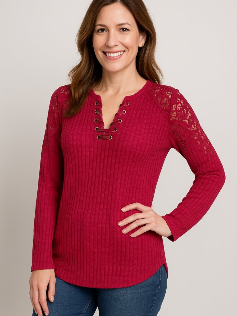 DEMOCRACY Sweater Lace Up Notch Neck Top  Casual Long Sleeve Size S